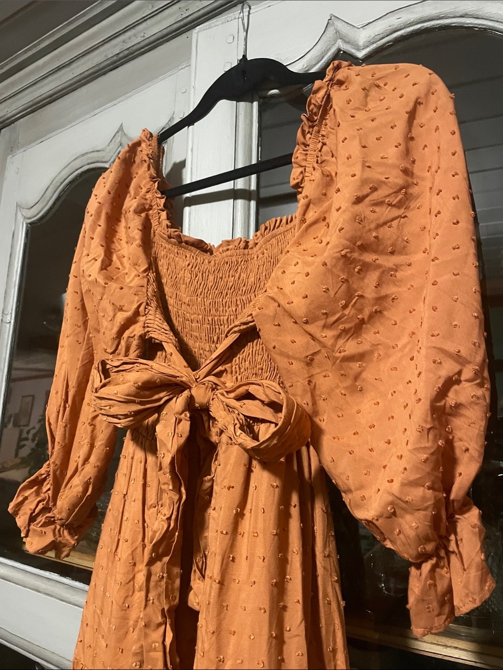 Smocked Square-Neck Midi Dress in Rust - Picture 3 of 5